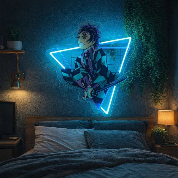 Tanjiro Blue Triangle Neon Sign โ Demon Slayer LED Wall Art for Room & Gaming Setup