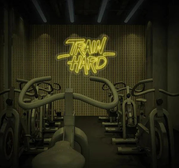 Train Hard Neon Sign โ LED Gym Motivation Wall Light for Fitness Room & Workout Setup