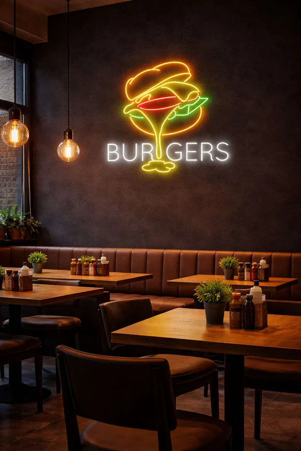 Burger Neon Sign β LED Food Wall Light for CafΓ©, Kitchen & Restaurant Decor