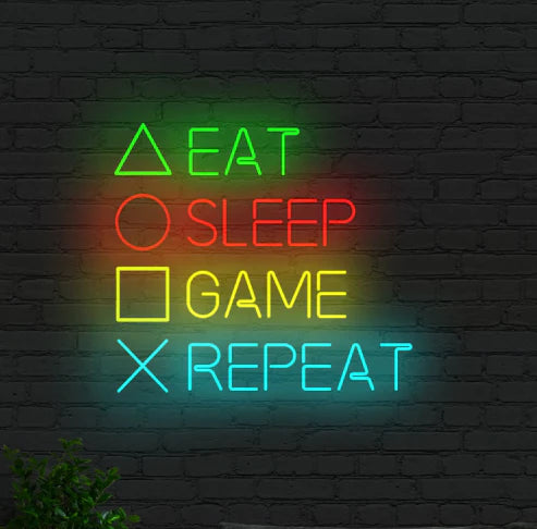 Eat Sleep Game Repeat Neon Sign – LED Gaming Quote Wall Light for Room & Setup Decor